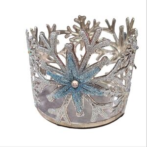 Glitter Snowflake Short 3-Wick Candle Holder Silver, Blue, & White